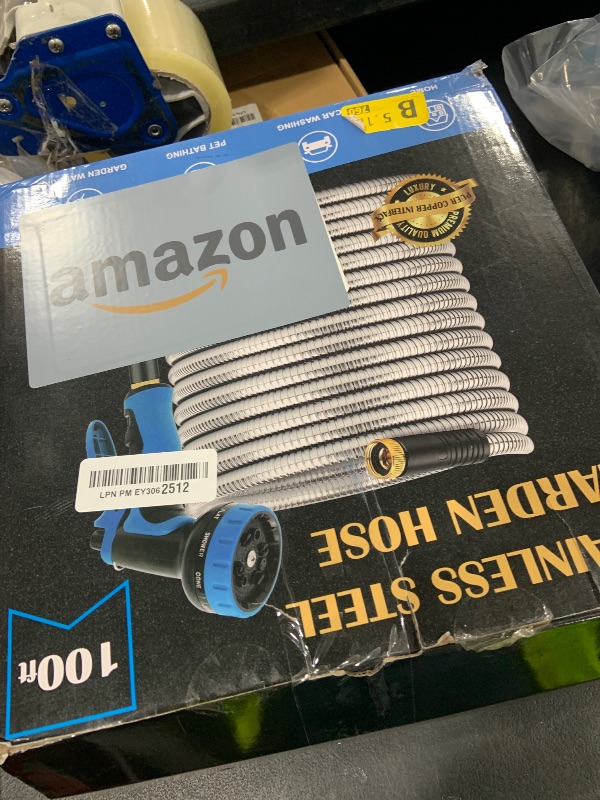 Photo 1 of Garden Hose 100FT, Water Hose with 10 Function Nozzle, Garden Hose Metal with Leak-proof Connectors, Kink-Free & Ultra Flexible, Rust/Pet/Puncture Proof for Lawn, Yard, RV, Car Wash, 550PSI