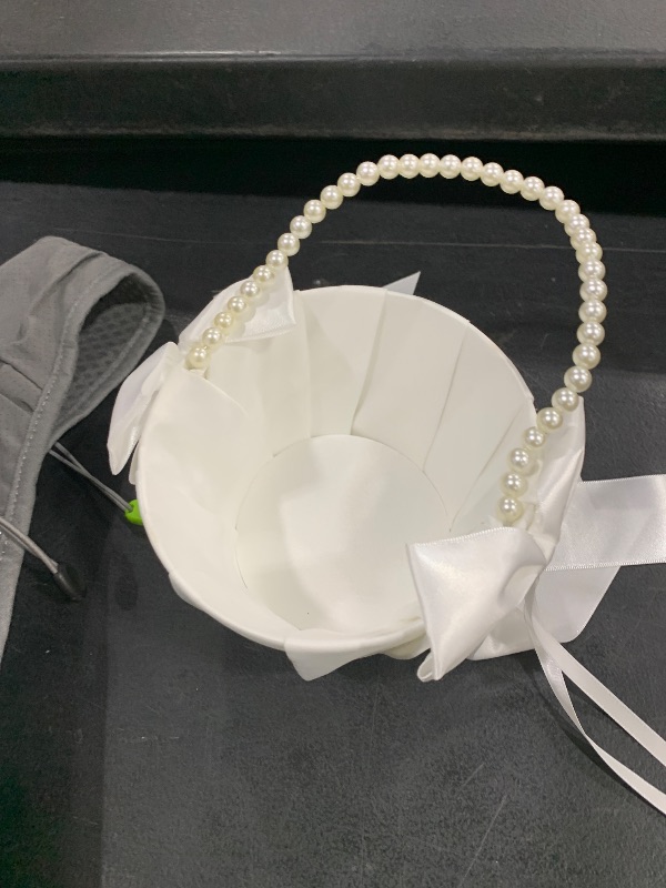 Photo 1 of ATAILOVE Wedding Flower Girl Basket with Cute Pearl Handle Bowknot Satin Flower Baskets for Wedding Ceremony - Ivory