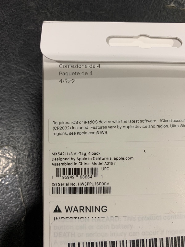 Photo 1 of Apple AirTag 4 Pack. Keep Track of and find Your Keys, Wallet, Luggage, Backpack, and More. Simple one-tap Set up with iPhone or iPad