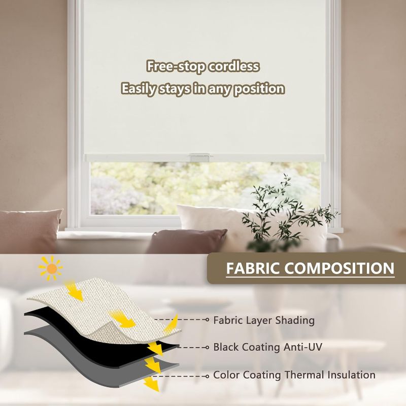 Photo 1 of Cordless Blackout Roller Shades Blinds for Windows Free-Stop,Pull Down Room Darkening with Valance,Thermal Insulated Woven Fabric Window Door Blinds for Home,Office,Beige 31" W x 72" L
