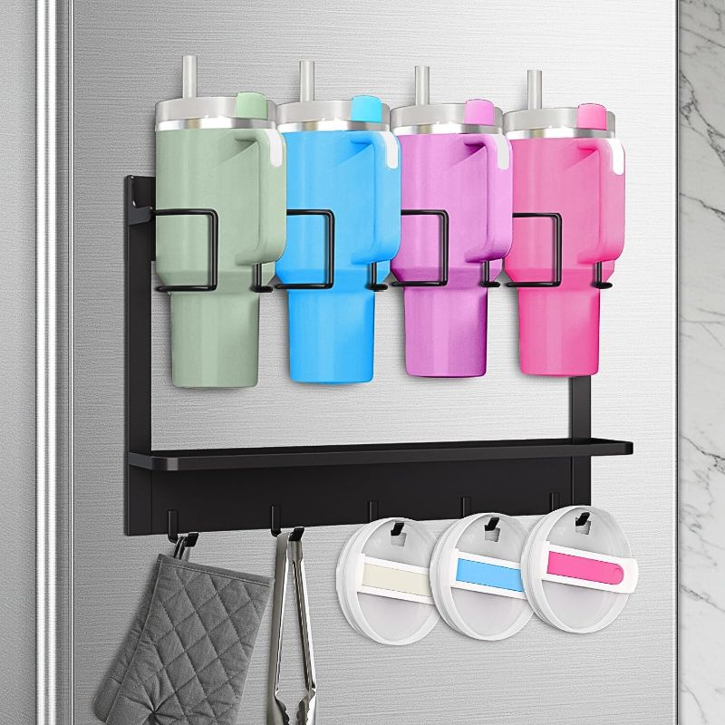Photo 1 of Water Bottle Organizer for Stanley Cup Accessories 20/30/40 oz, Fridge Magnetic and Wall Mount Tumbler Holder Organizer, Kitchen Water Bottle Storage Rack (Black)
