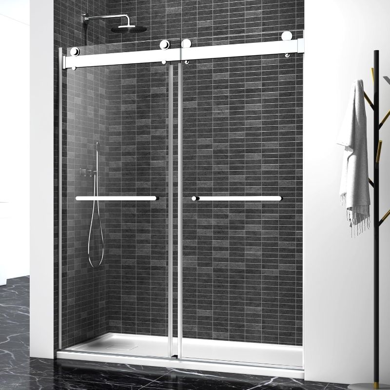 Photo 1 of Shower Door,68-72" W x 76" H Frameless Shower Door, Double Sliding Glass with 3/8" (10mm) Clear SGCC Tempered, Roller Disc System, 304 Stainless Steel(Brushed Silver, 68-72" Wx76 H Double Sliding)