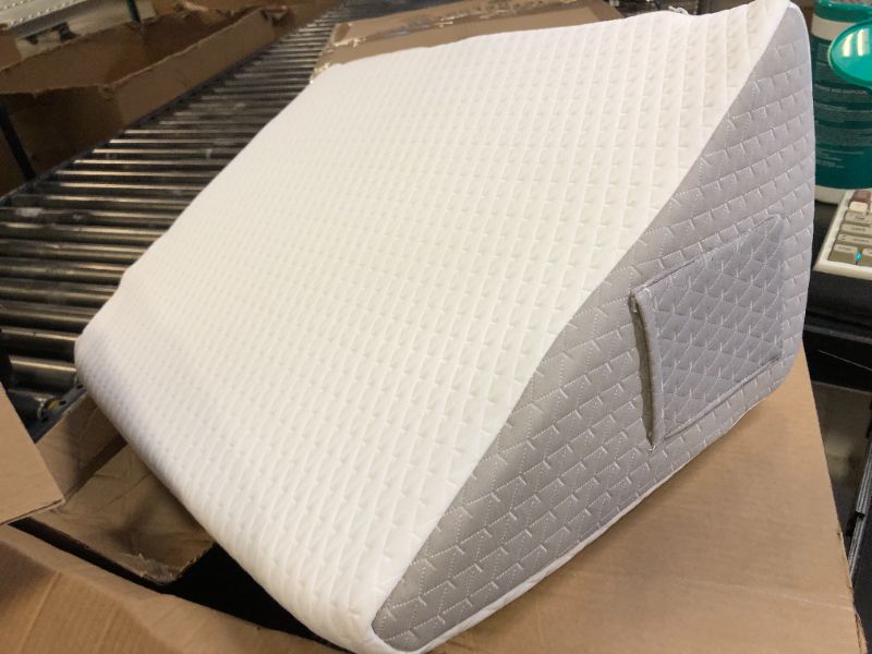 Photo 1 of Ruqmuis Knee Wedge Pillow, 8” Knee Pillow for Back Sleeping, Leg Pillow, Triangle Pillow for Knee Support, Bolster Pillow for Legs, Post Surgery Recovery, Back Hip Ankles Pain Relief, White/Grey