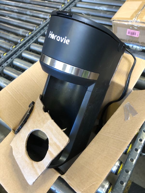 Photo 1 of Horavie Mini Single Serve Coffee Maker for K Cup and Ground Coffee, Fast Brew One Cup Coffee Machine with Descaling Reminder and Water Window, 6 to 12 oz. Brew Sizes, Black
