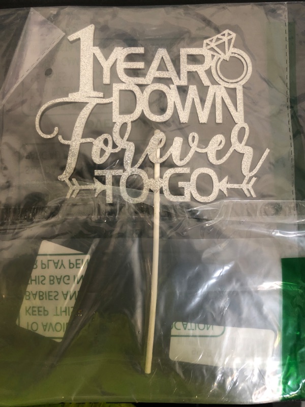 Photo 1 of 1 Year Down Forever to Go Cake Topper, 1 Year of Marriage Gift, Happy 1st Wedding Anniversary Party Decoration Supplies, Silver Glitter