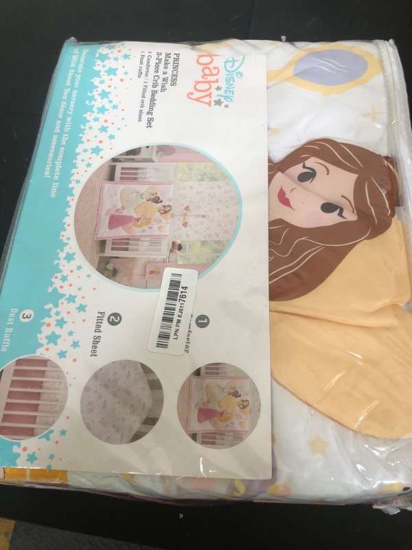 Photo 1 of Disney Make A Wish Multi Princess Pink and White Belle, Tiana, and Aurora 3 Piece Nursery Crib Bedding Set - Comforter, Fitted Crib Sheet, and Crib Skirt