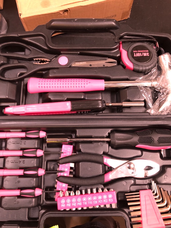 Photo 1 of Flexzion 39 Piece Hand Tool Kits with Case - Compact Tool Kit for Handyman, Homeowners DIY - Household Tool Kit for Home with Portable Basic Tool Set Case, Pink