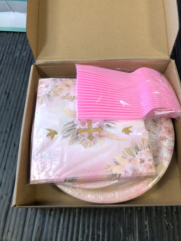 Photo 1 of Avezano 96 PCS Baptism Decorations for Girls Pink Mi Bautizo Plates Napkins Forks Tableware Christening Newborn Baby Shower Supplies, Serves 24