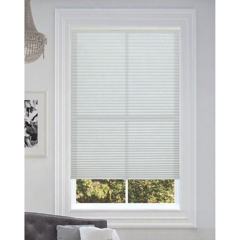 Photo 1 of White Cordless Light Filtering Fabric 9/16 in. Single Cell Cellular Shade 34.5 in. W X 72 in. L