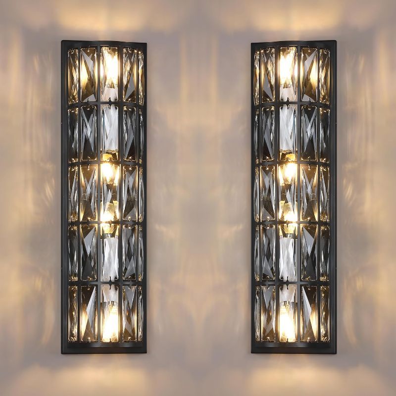 Photo 1 of 2 Pack 4 Light Modern Concise 22.15" Polyhedral Crystal Shade Wall Sconce Light Fixtures,Black Finish for Bathroom,Bedroom Living Room Bedside E12 Base
