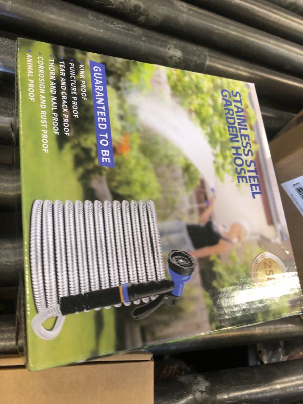 Photo 1 of Garden Hose, Stainless Steel Metal Water Hose with 10 Function Nozzle, Lightweight Hose, No Kink, Leak-proof, Puncture Resistant for Yard, Outdoor, RV(25 ft)
