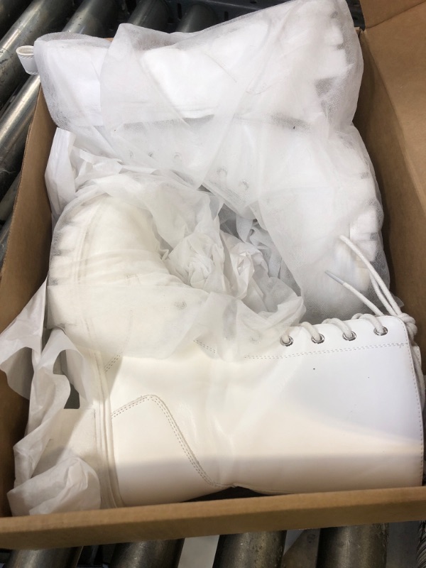 Photo 1 of Vepose Women's All White Combat Boots Lace Mid Calf Chunky Platform 9650A Low Heel Boot with Side Zipper Size 8 (CJY9650A allwhite 08)