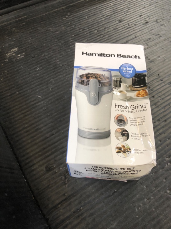 Photo 1 of Hamilton Beach Fresh Grind Electric Coffee Grinder for Beans, Spices and More, Stainless Steel Blades, Removable Chamber, Makes up to 12 Cups, White