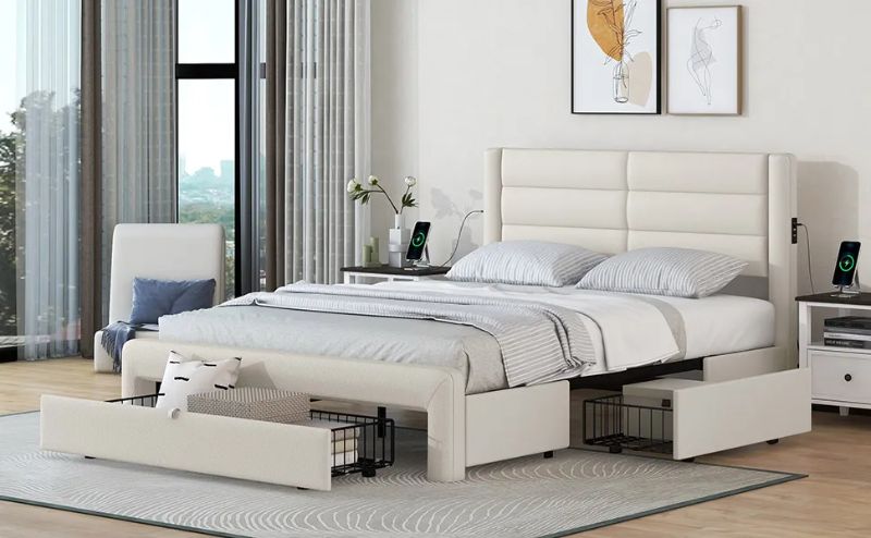 Photo 1 of “Queen Size Beige Leather Upholstered Bed Frame with Drawers, Charging Station – 85.6? x 62.2?”
