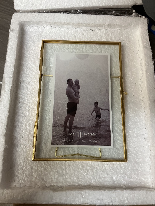 Photo 1 of Isaac Jacobs 4x6 , Antique Gold, Vintage Style Brass and Glass, Metal Floating Picture Frame (Vertical) with Locket Closure, for Photos, Art, & More, Tabletop Display (6x8 Antique Gold)