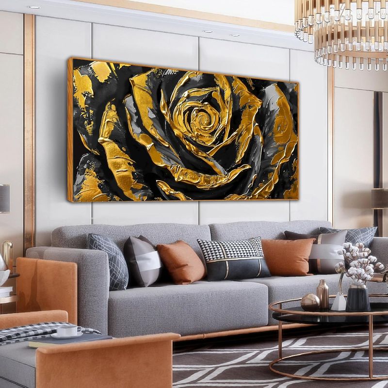 Photo 1 of Rose Wall Art for Living Room, Black and Gold Flower Canvas Wall-Decor for Bedroom, Large Size 29x59 Inches Framed