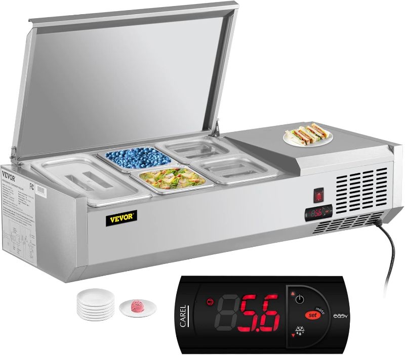 Photo 1 of VEVOR Refrigerated Condiment Prep Station, 40-Inch, 7.8 Qt Sandwich/Salad Prep Table with 1 1/3 Pan & 4 1/6 Pans, 150W Salad Bar with 304 Stainless Body and Cover Temp Adjuster One-Click Defrosting