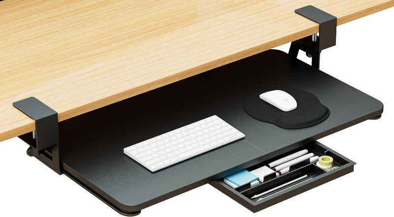Photo 1 of CALASK Desktop Keyboard Tray, Under Desk Pull Out, 26.77" X 11.81" Large Size Keyboard Tray with C-Clip Mount, Easy Installation, Computer Keyboard Stand, for Home Study and Office