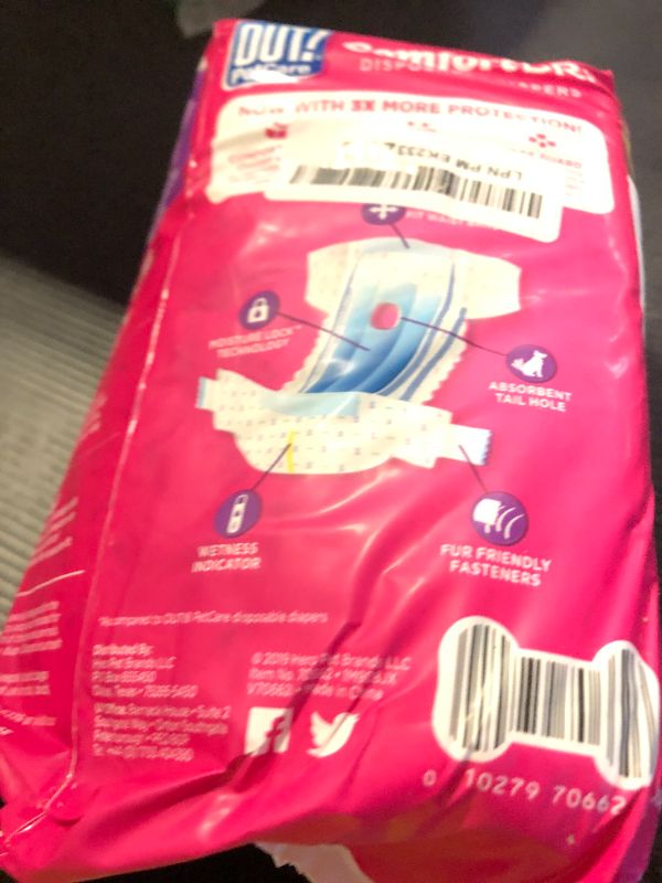 Photo 1 of OUT! Petcare Disposable Dog Diapers for Female Dogs, Dog Heat Diapers, Female Dog Period Pads, Female Doggy Diaper for Peeing, Pet Diapers for Small Pets,13”-18” Waist, XS/Small, 16 Count