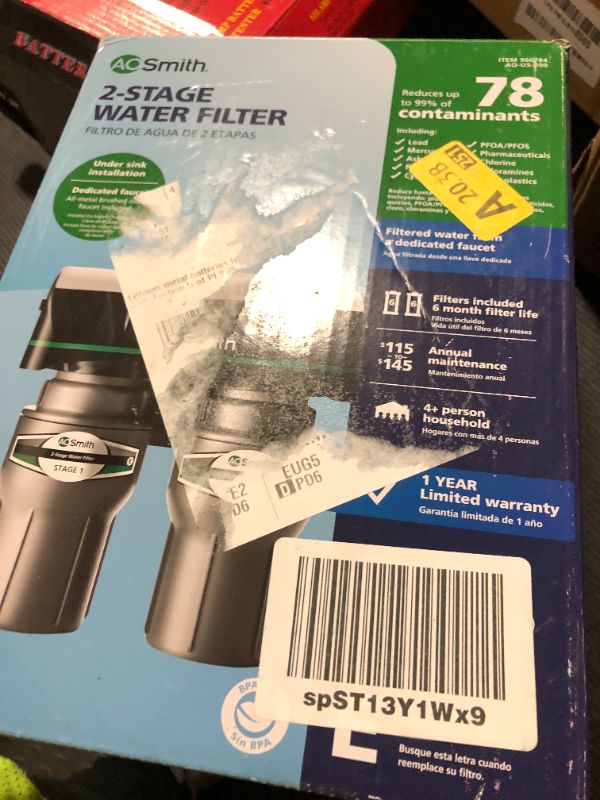 Photo 1 of AO Smith Under Sink Water Filter System - Reduces PFAS, Lead, & Chlorine in Drinking Water - Under Counter Claryum Filtration for Kitchen - 2-Stage - AO-US-200
