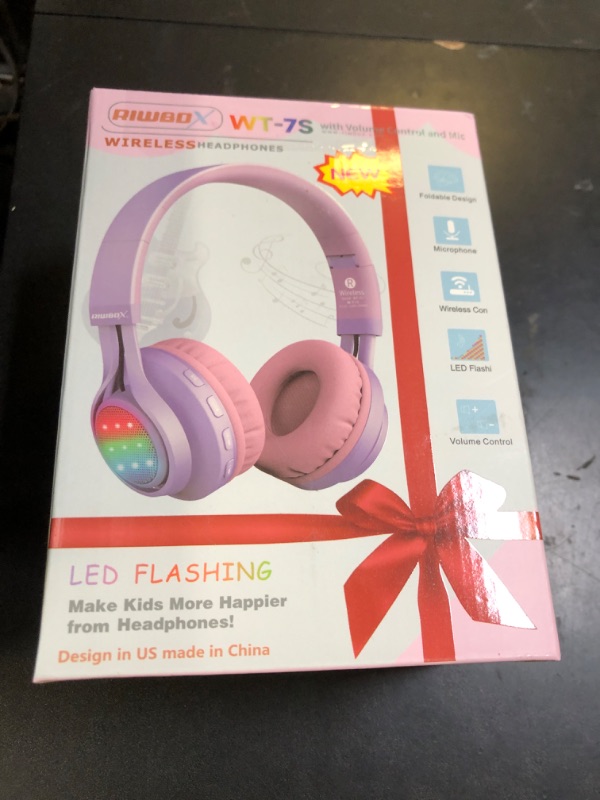 Photo 1 of Riwbox WT-7S Kids Bluetooth Headphones Light Up, Foldable Stero Wireless Headset with Microphone and Volume Control for PC/Tablet/TV/Travel (Purple)