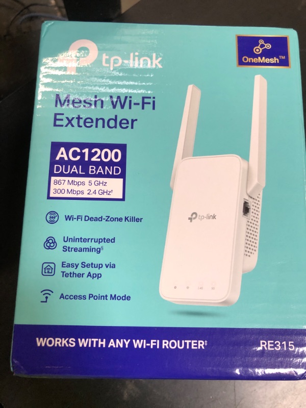 Photo 1 of TP-Link AC1200 WiFi Extender, 2025 Wirecutter Best WiFi Extender, 1.2Gbps home signal booster, Dual Band 5GHz/2.4GHz, Up to 1600 Sq.ft and 32 Devices, EasyMesh Compatible, One Ethernet Port (RE315)