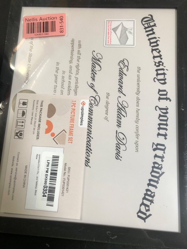 Photo 1 of upsimples Certificate Frame with Clear Plexiglass, 8.5 by 11 Picture Diploma Document Degree Frames for Wall and Tabletop, Black, 1 Pack