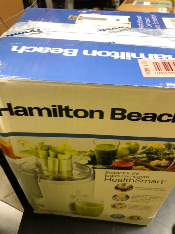Photo 1 of Hamilton Beach HealthSmart Juicer Machine, Compact Centrifugal Extractor, 2.4” Feed Chute for Fruits and Vegetables, Easy to Clean, BPA Free, 400W, White (67501)