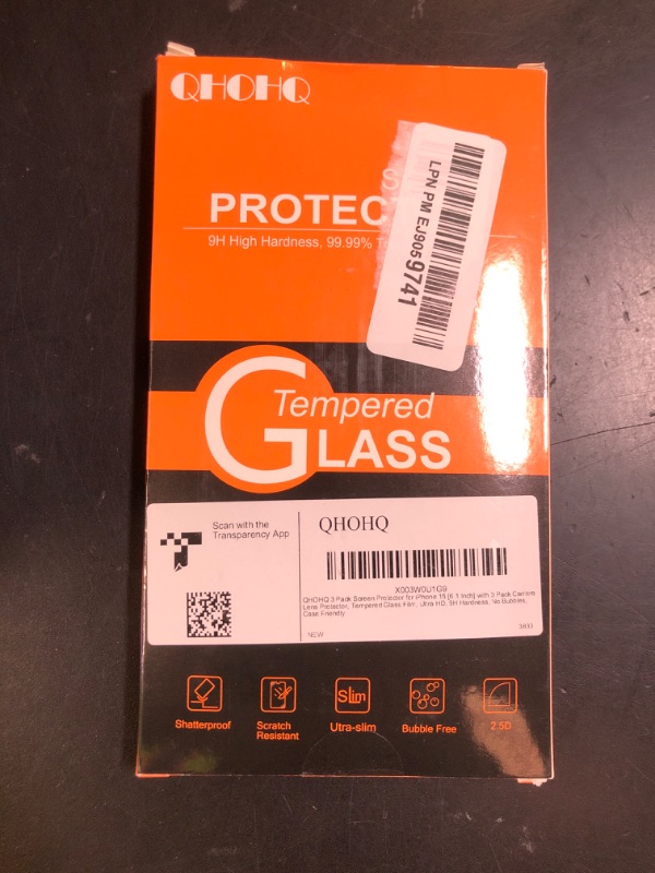 Photo 1 of QHOHQ 3 Pack Screen Protector for iPhone 15 [6.1 Inch] with 3 Pack Camera Lens Protector, Tempered Glass Film, HD Clear, 9H Hardness, No Bubbles, Case Friendly