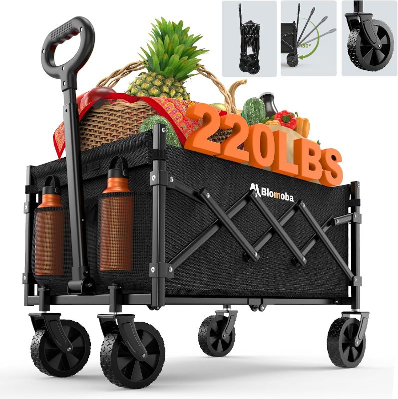 Photo 1 of Collapsible Wagon with Wheels, 220 lbs Portable Wagons Carts Foldable Beach Wagon with Flexible Handle, Lightweight Folding Utility Grocery Shopping Cart for Grocery Sports Garden Camping
