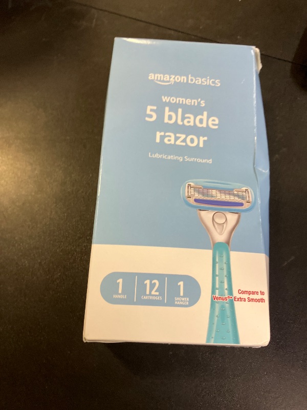 Photo 1 of Amazon Basics 5-Blade Razor Handle for Women, Includes 12 Cartridges and Shower Hanger, 14 Piece Set, Blue