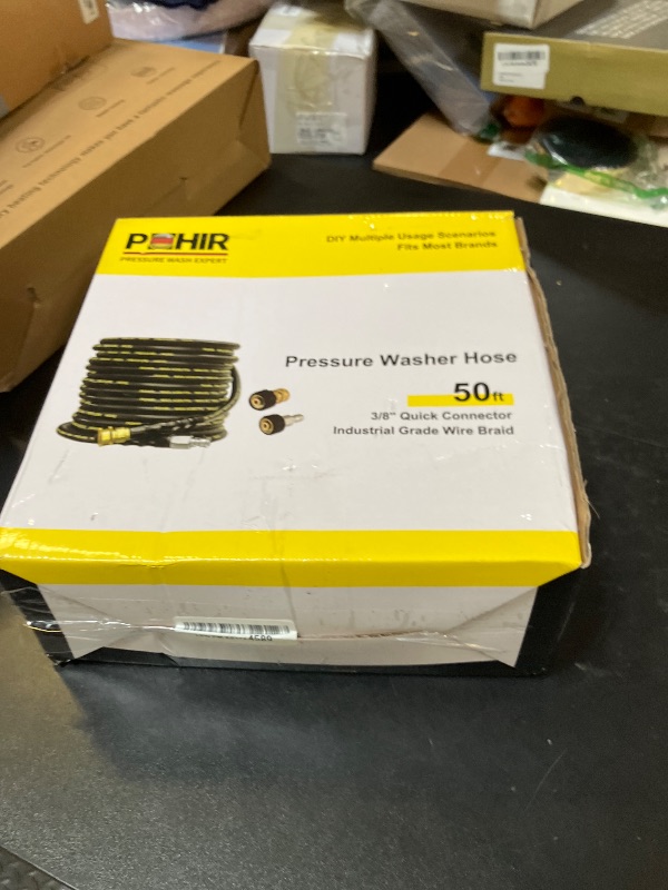 Photo 1 of POHIR Pressure Washer Hose 50 ft with 3/8 Inch Quick Connect, Kink Resistant High Tensile Wire Braided,with 2 pcs M22 14mm Adapter Set, 4200 PSI Power Washer Hose