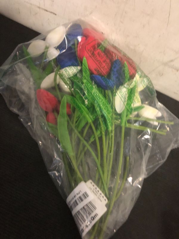 Photo 1 of 18 Pcs 13 Inches Artificial Tulip Flowers Bouquet, Red White Blue Faux Tulips with Green Leaves, Patriotic Flower Stems for Home Decor, 4th of July, Memorial Day, and Cemetery Grave Floral Arrangement