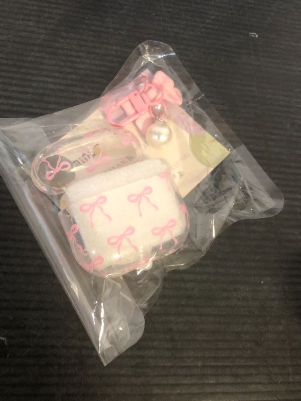 Photo 1 of MINSCOSE Compatible with AirPods 4 Clear Case,Cute Bow Pattern Kawaii Ribbon Girly Design with Bow Pearl Keychain,Soft TPU Protective Shockproof Case for Women Girl for AirPods 4-Pink