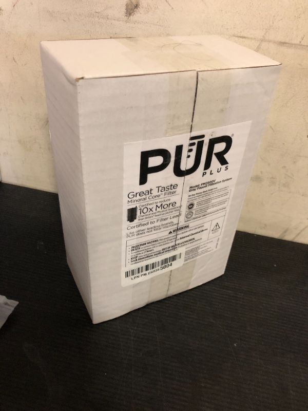 Photo 1 of PUR PLUS Vertical Faucet Mount Water Filtration System, Lead-Reducing Filter, Great-Tasting Water, Easy Install, Lasts 100 Gallons, Compatible with Sinks with External Aerators, Grey