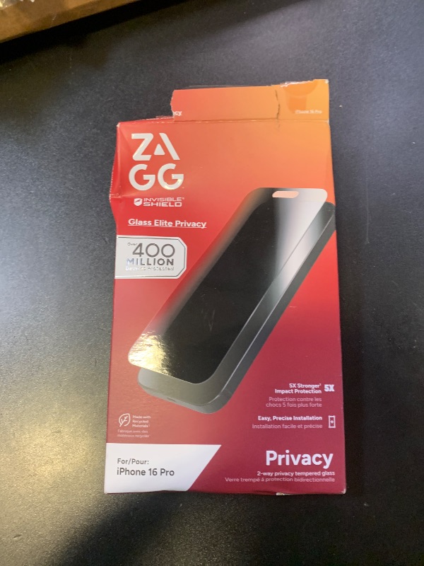 Photo 1 of ZAGG Glass Elite Privacy Screen Protector for iPhone 16 Pro - 2-Way Privacy Filter, Ultra-Strong Tempered Glass, 5X Stronger, InvisibleShield, Smudge-Free, Easy Install, Recycled Content