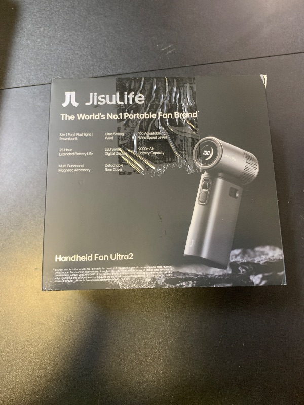 Photo 1 of JISULIFE Portable Handheld Fan Ultra2, 9000mAh Max 25 Hrs, 5 IN 1, 100 Speed Turbo Fan Rechargeable 18W Power Bank with Flashlight, Metal Shell Multi-Function Travel Essentials Gifts for Men-Grey