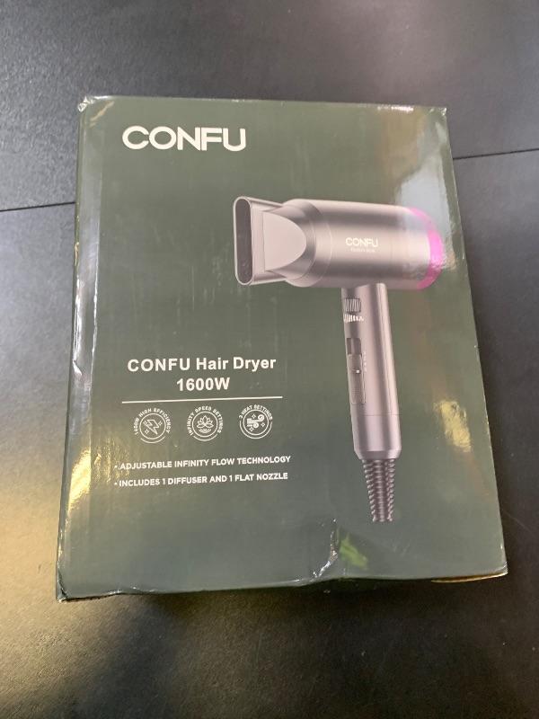 Photo 1 of CONFU Ionic Blow Dryer 1600W, Portable Lightweight Fast Drying Negative Ion Hairdryer Blowdryer, 3 Heat Settings & Infinity Speed, with Diffuser and Concentrator Nozzle for Home & Travel