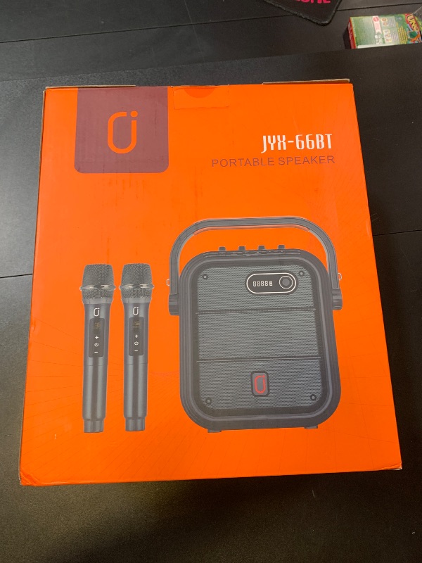 Photo 1 of JYX Karaoke Machine with 2 Wireless Microphones, Portable Bluetooth Speaker PA System with Shoulder Strap, Subwoofer Support TWS, USB, Radio, AUX, REC, Bass&Treble for Home Party/Meeting/Adults/Kids