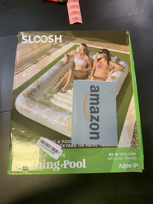 Photo 1 of SLOOSH Inflatable Tanning Pool Lounger Float, 85" x 57" Extra Large Pool Floats Adult with Pillow, 4 in 1 Suntan Tub Raft Floatie,Sunbathing Bed Lounge for Water Blow Up Ball Pit, XL-Golden White