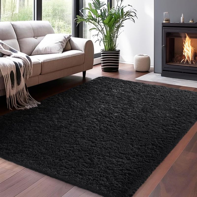 Photo 1 of 5x7 Rugs for Living Room, Black, Fluffy Shaggy Soft Area Rug, Non-Slip Indoor Floor Carpet for Bedroom, Kids Baby Boys Teen Dorm Home Decor Aesthetic, Nursery
