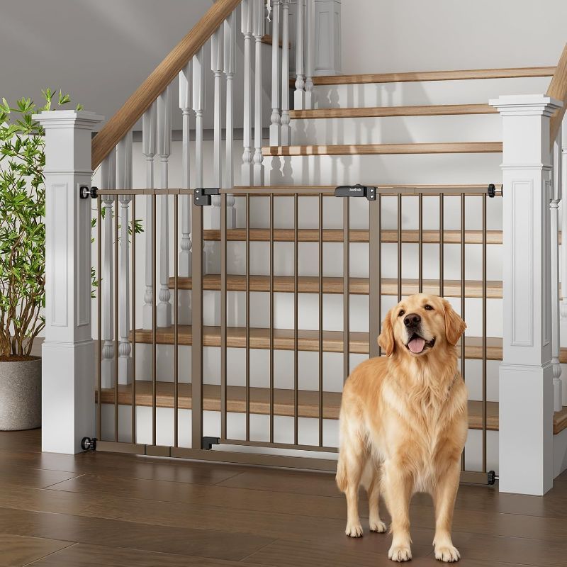 Photo 1 of 29.5–49.75" Extra Wide Baby Gate for Stairs, 30" Tall Walk Through Dog Gate for Stairs & Doorways, Pressure-Mounted Safety Gate for Pets & Kids, Dual Lock & 2-Way Swing, Brown