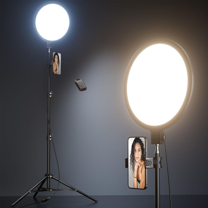 Photo 1 of 10.5" Ring Light with 69" Tripod Stand and Phone Holder Kit, Full-Screen Zoom Lighting for Video Recording, Makeup, Live Stream, Dimmable LED Selfie Ring Light Tripod for iPhone with Remote