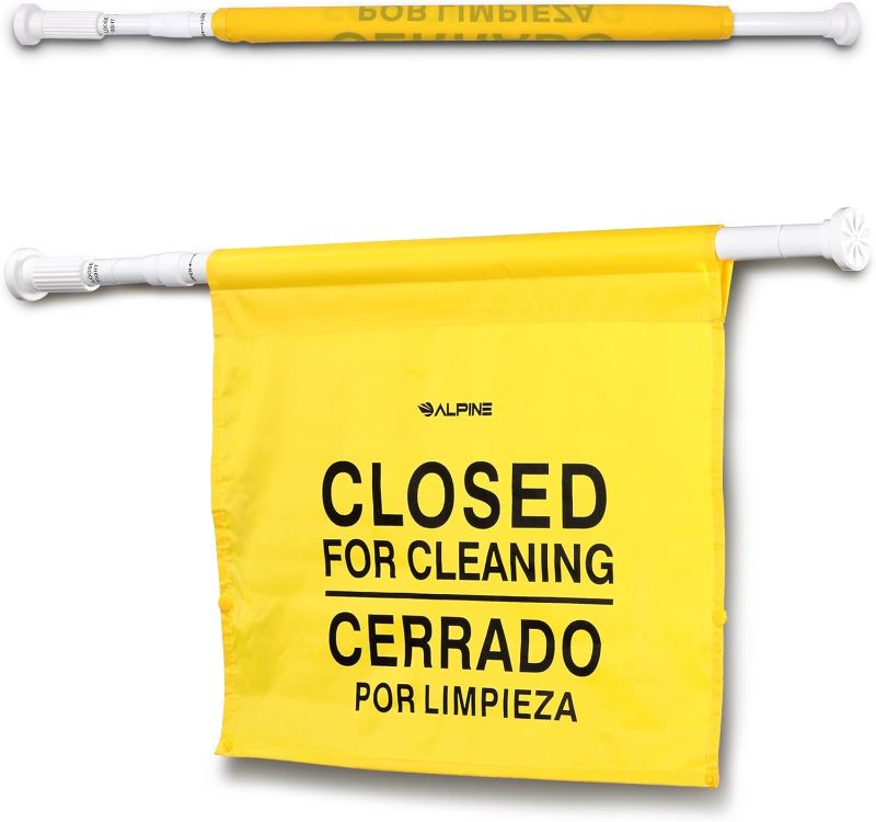 Photo 1 of Alpine Restroom Closed for Cleaning Sign - Caution Door Barricade Signs, English & Spanish Yellow Safety Hanging Sign for Commercial Bathrooms Maintenance