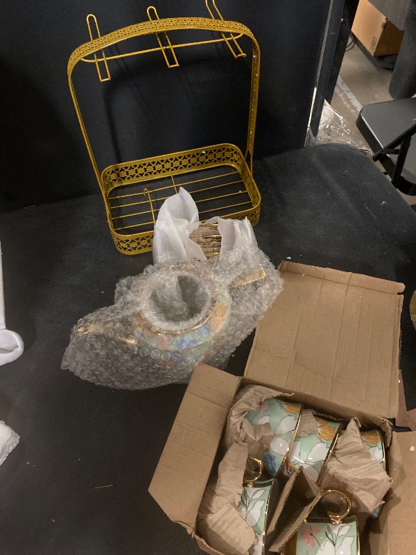 Photo 1 of 14 Pieces Porcelain Tea Set, with Metal Holder, European Ceramic Coffee Set, Tea Set for Women with Flower Painting, Contains 6* Cups, 6* Small Plates, Teapots, Metal Racks