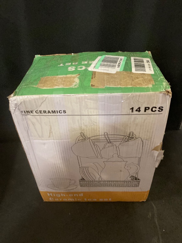 Photo 1 of 14 Pieces Porcelain Tea Set, with Metal Holder, European Ceramic Coffee Set, Tea Set for Women with Flower Painting, Contains 6* Cups, 6* Small Plates, Teapots, Metal Racks