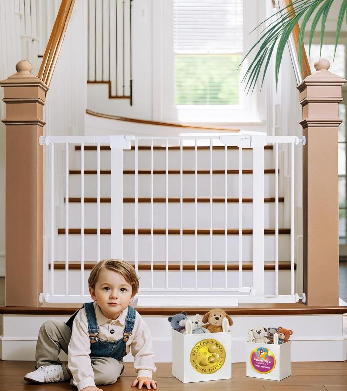 Photo 1 of Cumbor 29.7-48" Baby Gate for Stairs, Mom's Choice Awards Winner-Dog Gates for Doorways, Auto Close Safety Pet Gate for Dogs Indoor, Easy Install Pressure Mounted Child Gate with Walk Thru Door, White
