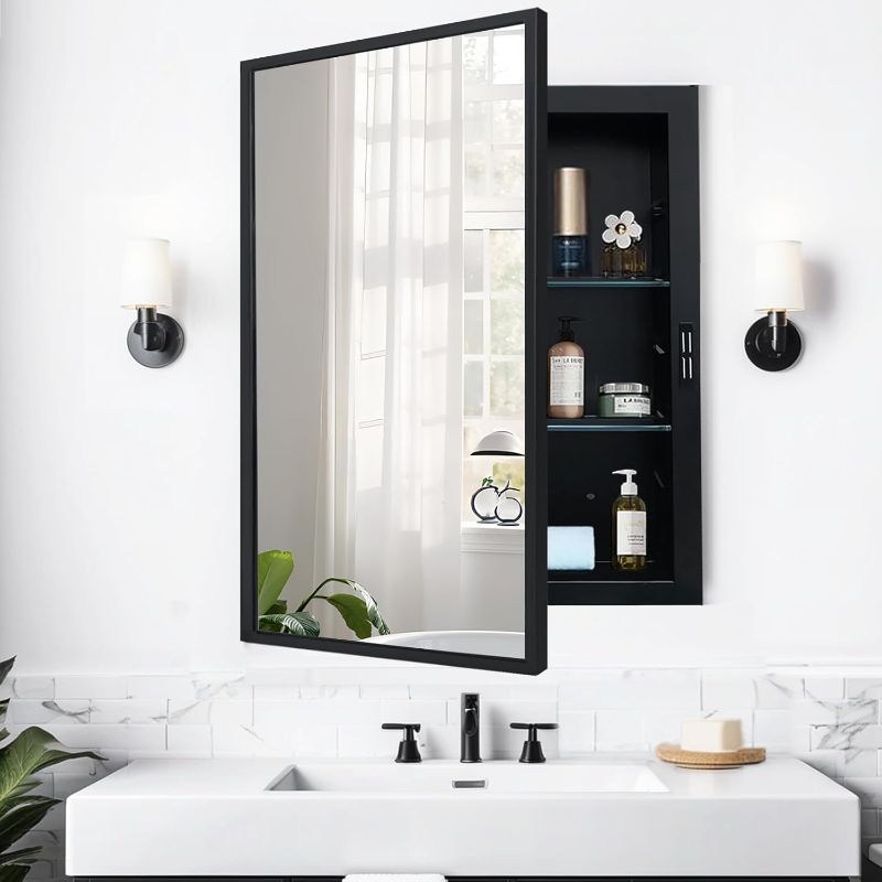 Photo 1 of Recessed Medicine Cabinets with Mirror, Black Bathroom Mirror with Storage, Rectangle Medicine Cabinet Mirror, Metal Framed Wall Mirror Recessed or Surface Mount, 20x26 Inch