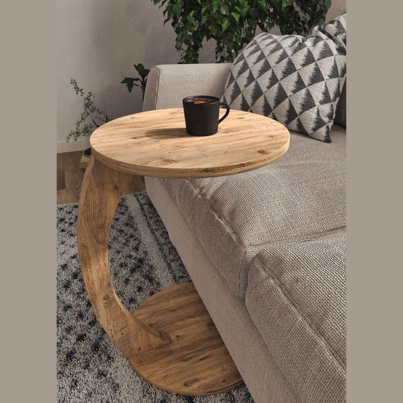 Photo 1 of C Shaped End Table for Couch Small Places, Space Saver Round Side Table for Sofa and Bedside with Wheels, Coffee and Eating Snack Time Tray for Living Room, Office (Natural)