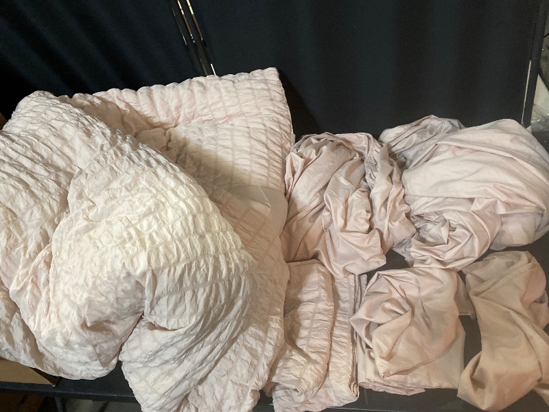 Photo 1 of Beige Queen Comforter Set Seersucker 7 Pieces, All Season Luxury Bed in a Bag for Bedroom, Bedding Set with Comforters, Sheets, Pillowcases & Shams